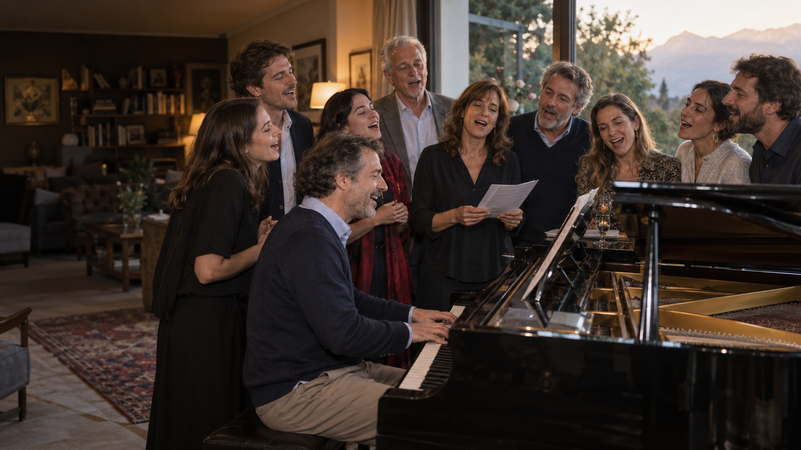 Imagen ilustrativa de un pianista acompañado de invitados cantando alrededor